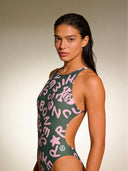 Maillot une pièce femme d'entraînement PINUP 388P - Logo Military + Rose Clair