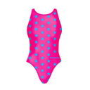 Costume intero donna da allenamento PINUP 556PF Fucsia stella azzurra, vista frontale