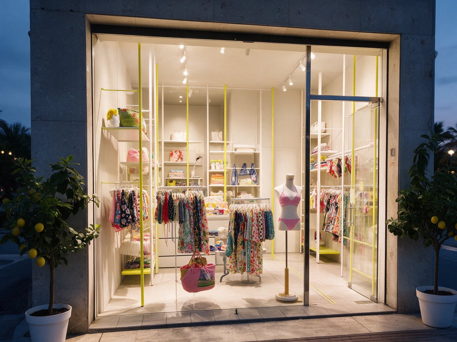 La boutique de Riccione à l’angle, le soir